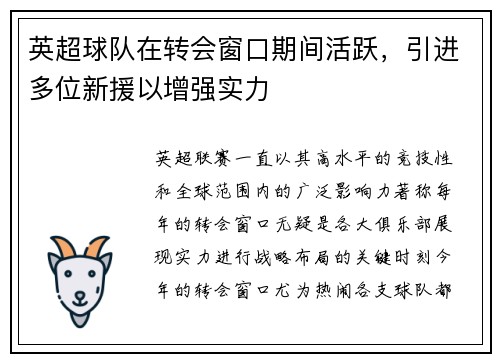 英超球队在转会窗口期间活跃，引进多位新援以增强实力